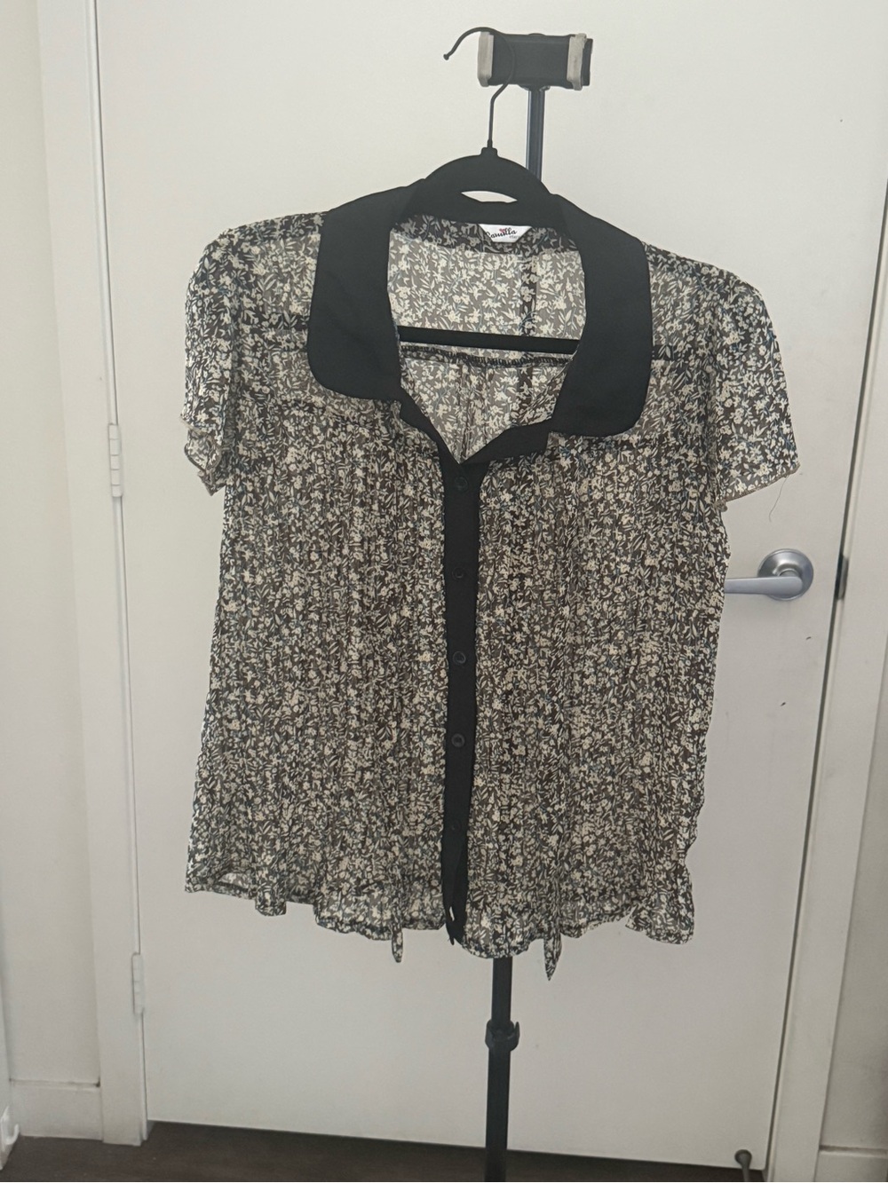 Camilla Black and Cream Sheer Floral Short-Sleeve Blouse